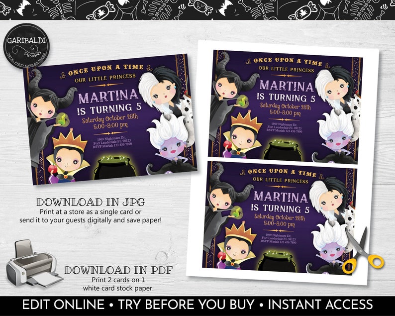 May include: Printable invitation for a girl's 5th birthday party. The invitation features a purple background with images of the Evil Queen and Cruella de Vil from Disney's classic animated films. The text reads "Once Upon a Time... Our Little Princess Martina is Turning 5. Saturday October 28th 5:00-8:00 pm."