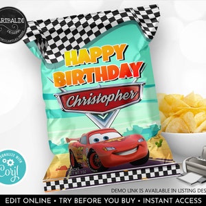 Editable Race Cars Chip Bag Wrapper Radiator Springs Cars Birthday Party Supplies Favors Decorations Template Printable Digital Download DCR