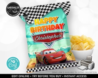 Editable Race Cars Chip Bag Wrapper Radiator Springs Cars Birthday Party Supplies Favors Decorations Template Printable Digital Download DCR