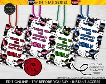 Editable Ninja Favor Tags Ninja Gift Tags Instant Download Ninja Thank you Tags Ninja Birthday Party Supplies Martial Arts Party Deco 3 NJA