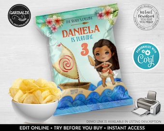 Editable Moana Chip Bag Wrapper Printable Maui Chip Bag Template Instant Download Hawaiian Birthday Party Supplies Luau Favor Snacks MOA