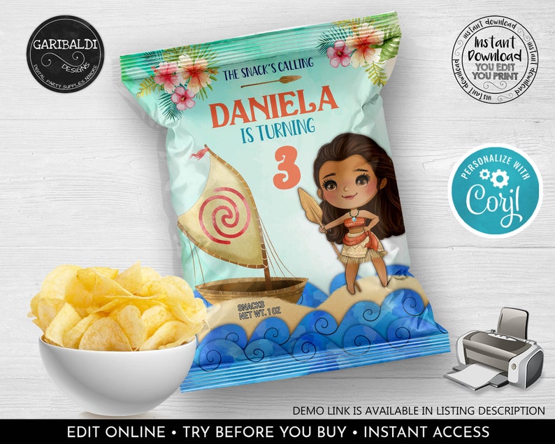 May include: A printable chip bag design featuring a cartoon illustration of a girl with long brown hair and a blue dress, standing on a beach with a sailboat. The text "The Snack's Calling" is at the top of the bag, and the text "Daniela is turning 3" is in the centre of the bag. The bag is decorated with tropical flowers and blue waves.