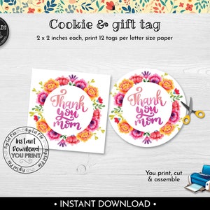 Thank you mom Gift Tag, Instant Download Mother's Day Floral Gift Tag, Printable Thank you mom Favor Tag, Mother's Day Cookie Tag MTHD