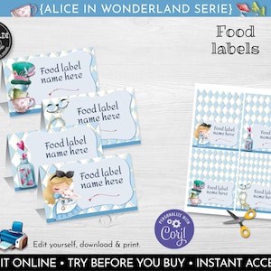 Editable Alice in Wonderland Food Labels, Instant Download Alice in Wonderland Place Cards, Alice in Wonderland Birthday Party Supplies AWL1