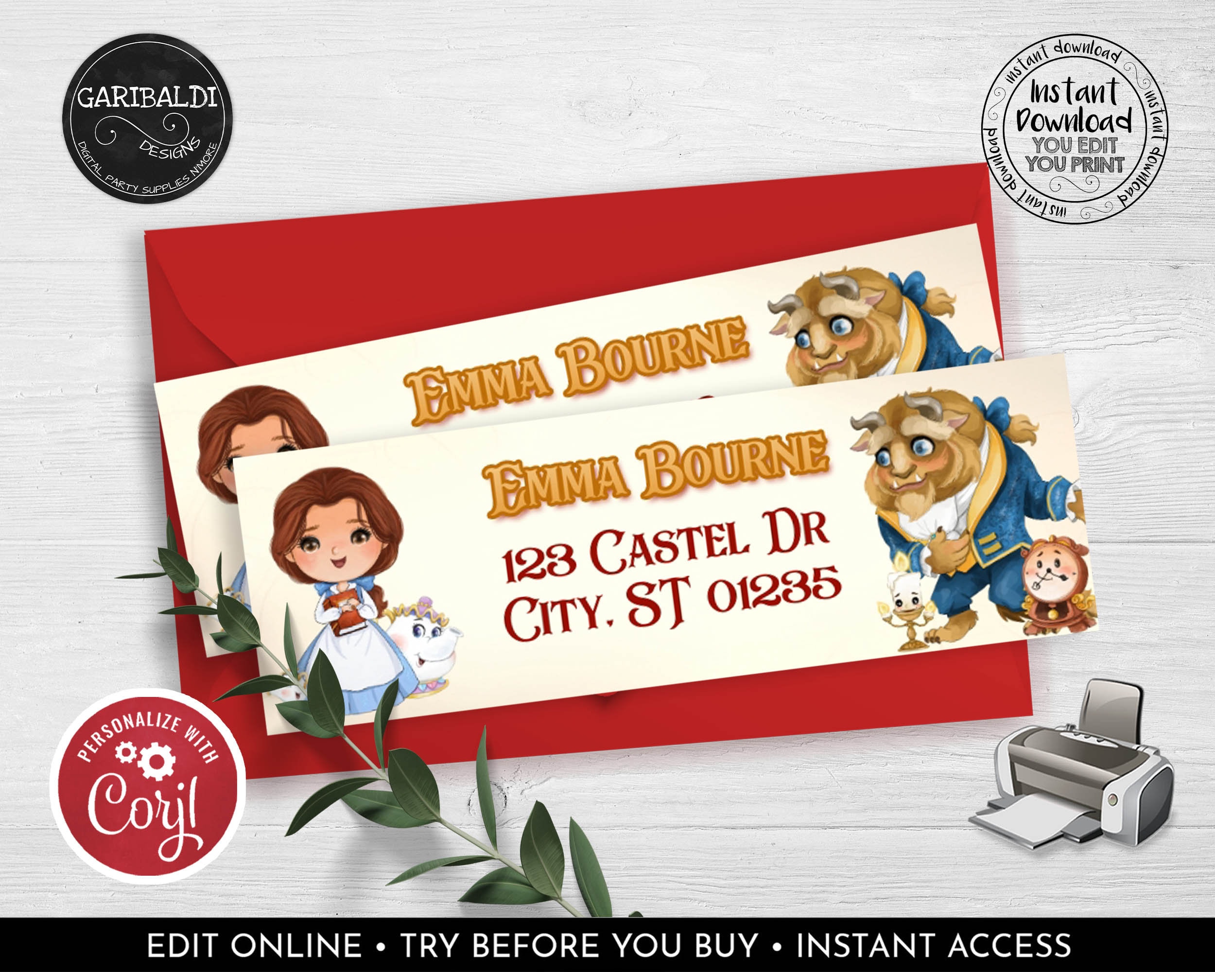Editable Return Address Label Printable Beauty and the Beast Labels ...