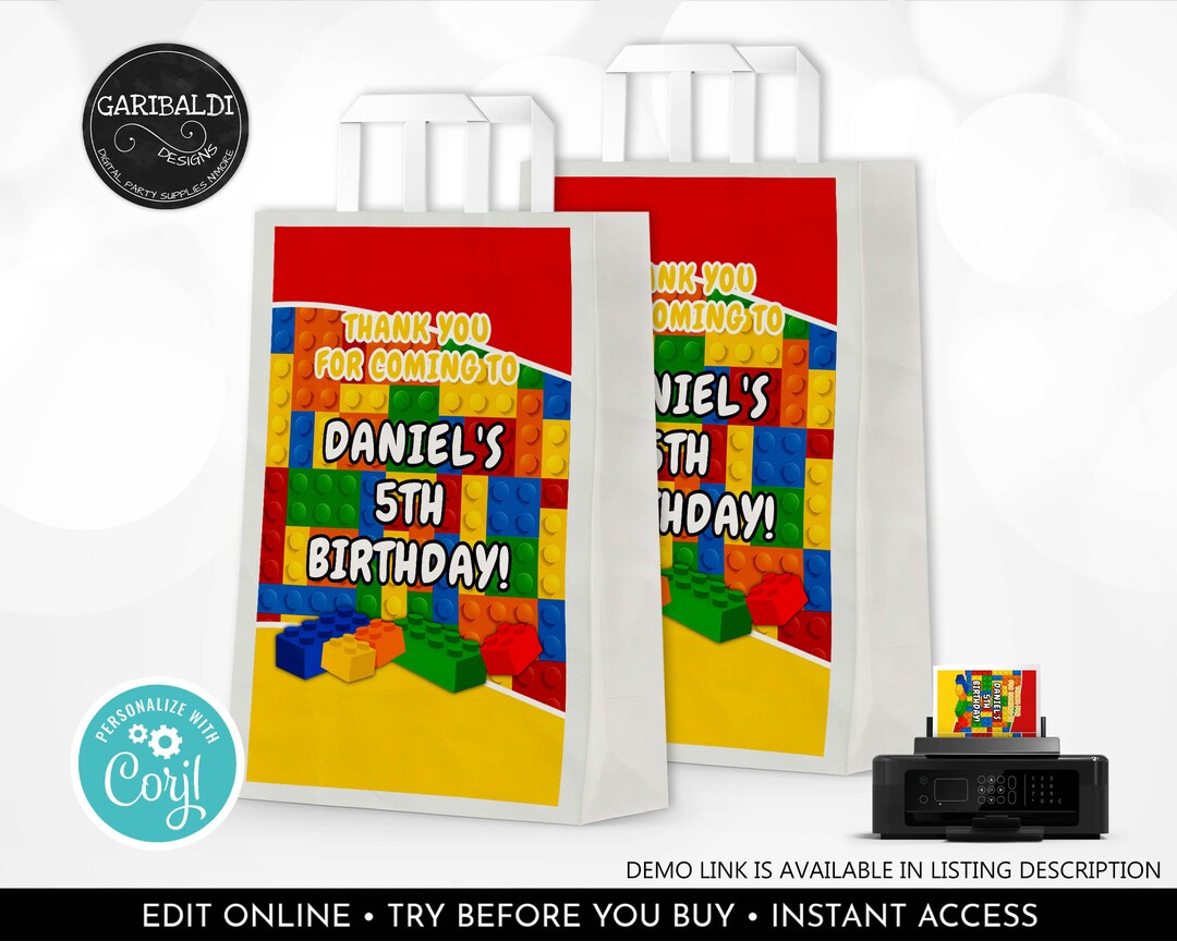 Editable Building Blocks Gift Bag Label Building Bricks Paper Bag Label