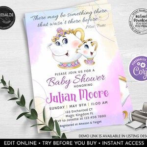 May include: A purple and pink baby shower invitation featuring a cartoon illustration of Mrs. Potts and Chip from Beauty and the Beast. The text reads "Please join us for a Baby Shower honouring Julian Moore".
