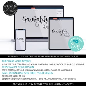 May include: A mockup image showing how to personalize designs using a Corjl template. The image shows a laptop, tablet, and smartphone displaying the same design. The design features the text "Garibaldi Designs" in a cursive font. The image also includes a teal circle with the text "Personalize with Corjl" and a gear icon.