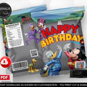 Instant Download Mickey Chip Bags Mickey and the Roadster Racers Birthday Party Supplies Mickey Race Cars Chip bag Race Car Party Favor MRRP