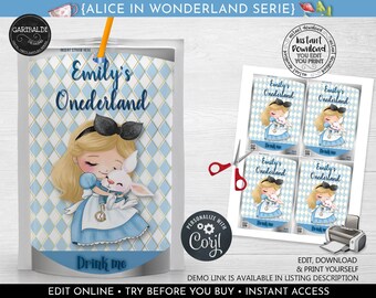 Editable Alice in Onederland Juice Pouch Labels, Printable Juice Box Labels Template, Alice in Wonderland Birthday Party Supplies 2 AWL