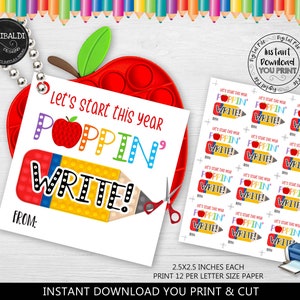 Back to School Gift Tag First Day of School Open House Pop Toy Fidget Gift Tag Start year Poppin' write Printable Meet the Teacher Tag TA