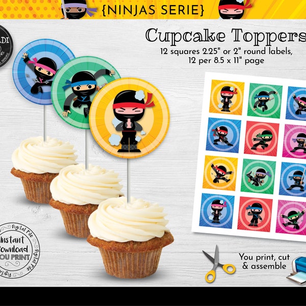 Instant Download Ninja Cupcake Toppers Printable Ninja Labels Ninja Birthday Party Decorations Marital Arts Birthday Party supplies NJA