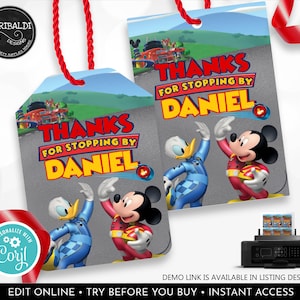 Editable Mickey Roadster Racers Favor Tags Racing Cars Thank you Cars Gift Tags Birthday Party Decor Printable Labels Party Supplies MRRP