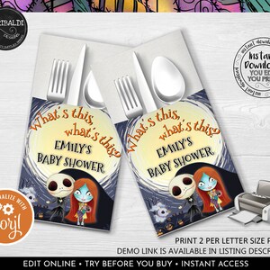 Editable Halloween Nightmare Cutlery Holders, Printable Halloween Flatware Pouch Bag, Nightmare Baby Shower Party Table Decor CTH NBCH