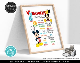 Editable Mickey Mouse Milestone Board Mickey First Birthday Board Fun to be one Chalkboard Poster DIY Mickey Milestone Sign Download 1 MFT1