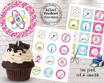 May include: Printable cupcake toppers and wrappers featuring a science theme. The toppers include images of an atom, a molecule, a beaker, a test tube, a microscope, and a scale. The wrappers have a pink and blue checkered pattern with white polka dots.