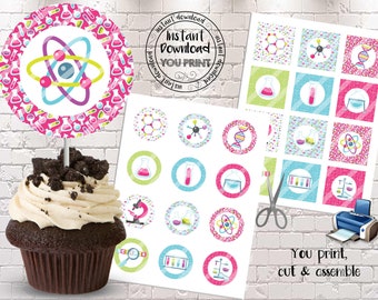 Printable Science Cupcake Toppers, Science Party Supplies, Science Birthday Party Decorations, Science Labels, Scientist Birthday Party