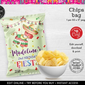 Editable Mexican Fiesta Chip Bag Wrapper Printable Cinco de Mayo Chip Bag Template Mexican Fiesta Favors Birthday Fiesta Party Supplies 1 MF