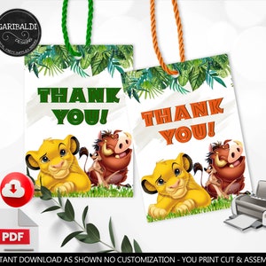 Op de afbeelding: Printbare bedankkaartjes met Simba en Pumbaa uit The Lion King. De kaartjes zijn groen, oranje en wit met de tekst "Bedankt!" in groene en oranje letters.
