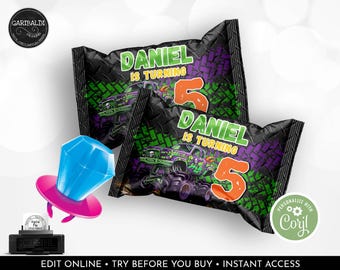 Editable Monster Truck Ring Candy Wrapper Monster Truck Birthday Party Favors Monster Truck Printable Digital Download Template Corjl MT