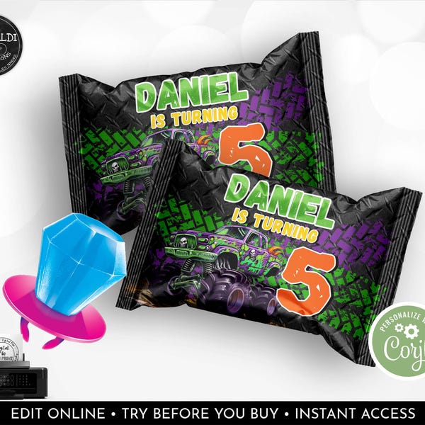 Editable Monster Truck Ring Candy Wrapper Monster Truck Birthday Party Favors Monster Truck Printable Digital Download Template Corjl MT