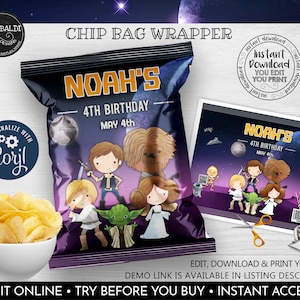 May include: A navy blue chip bag wrapper with the text "NOAH'S 4TH BIRTHDAY MAY 4th" and cartoon illustrations of Star Wars characters. A bowl of chips is in the foreground. The words "EDIT ONLINE • TRY BEFORE YOU BUY • INSTANT ACCESS" are at the bottom.