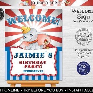 Editable Dumbo Welcome Board, Dumbo Circus Welcome Poster, Instant Download Dumbo Welcome Template Sign, Cute Baby Dumbo Welcome Sign DCHM