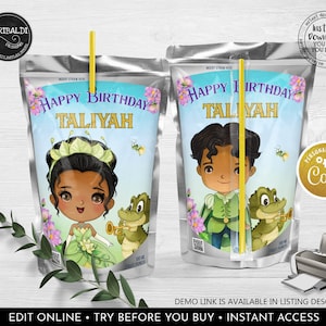 Editable Princess and the Frog Juice Pouch Labels Princess Tiana Birthday Party Decor Favors Digital Download Corjl Template Printable PF