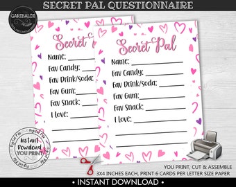 Valentine's Day Secret Pal Questionnaire, Printable Gift Exchange Wish List Form, Secret Pal Survey, My Favorite Things Gift Ideas Card VL
