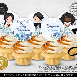Editable First Communion Cupcake Toppers Printable Boy Girl First Communion Favors Blue First Communion Table Decorations Party Supplies FC