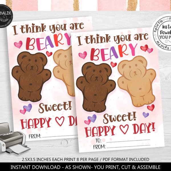 Teddy Bear Grahams Valentines Day Cards Beary Sweet Favor Tag Valentine's Cookie Card Bear Gift Tag Instant Download Bear Cookie Tags VL