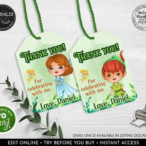 May include: Two green and white thank you tags with illustrations of Tinkerbell and Peter Pan. The text on the tags reads "Thank You!"  "For celebrating with me" and "Love, Daniel".