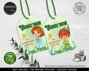 Editable Peter Pan Favor Tags Neverland Gift Tags Peter Pan Birthday Party Thank you Favor Stickers Labels Corjl Download Template PTP