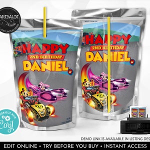 Editable Mickey Roadster Racers Juice Pouch Labels Racing Cars Favor tags Cars Birthday Party Supplies Printable Digital Download Corjl MRRP