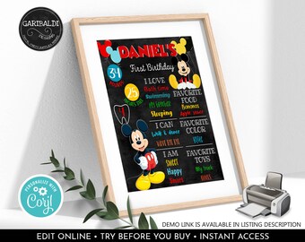 Editable Mickey Mouse Milestone Board Mickey First Birthday Board Fun to be one Chalkboard Poster DIY Mickey Milestone Sign Download 2 MFT1