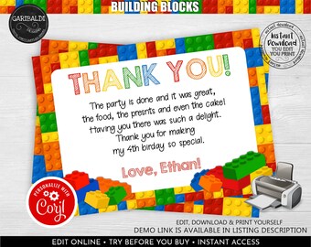 Editable Building Blocks Thank you card, Instant download Birthday Thank You Note, Construction Building Bricks Thank You Note Template BKBC
