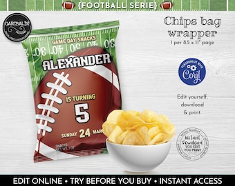Editable Football Chip Bag Wrapper, Printable Football Potato Chip Bag Wrapper Template, Instant download Football Party Favors 1 FBL