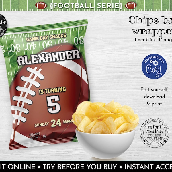 Editable Football Chip Bag Wrapper, Printable Football Potato Chip Bag Wrapper Template, Instant download Football Party Favors 1 FBL