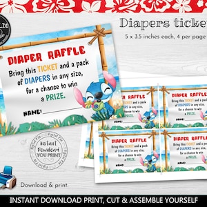 Instant Download Hawaiian Baby Shower Diaper Raffle Tickets Printable Stitch Diaper Raffle Game Card Baby Shower Diaper Request Card LSW