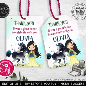 Mulan Favor Tags Editable Mulan Gift Tags Instant download Chinese Princess Party Labels Tags Stickers Mulan Thank you Tags Template DML