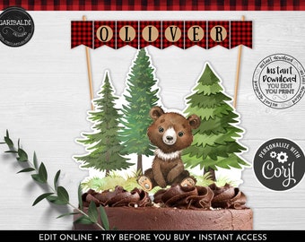 Lumberjack Cake Topper Bear Birthday Lumberjack Party Name Banner Buffalo Plaid Bear Woodland Party Decor Wild One Cake PRINTABLE LBRJ