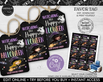 Könnte beinhalten: Druckbare Halloween-Geschenk-Etiketten mit einer Hexe auf einem Besen und einem Geist. Die Etiketten sind schwarz mit Regenbogentext, der "Witching You a Happy Halloween" lautet. Der Text "Your Friend Emily" ist ebenfalls auf dem Etikett enthalten. Die Etiketten sind editierbar und können mit Corjl personalisiert werden.