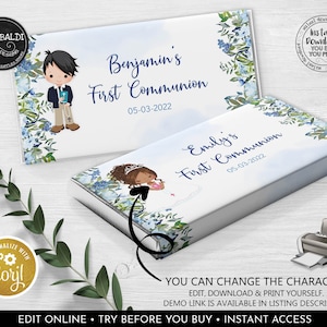 Editable First Communion Candy Wrapper Instant Download Chocolate Bar Wrapper Template Blue First Communion Party Supplies Decor Corjl FC
