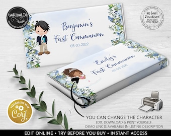 Puede incluir: Dos recuerdos personalizados de Primera Comunión con detalles florales azules. Uno es para Benjamín, el otro para Emily, con la fecha 05-03-2022. El diseño incluye ilustraciones de dibujos animados y el texto "Instant Download You Edit You Print".