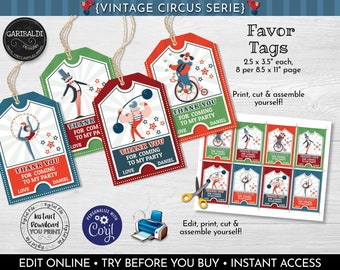 May include: Printable favor tags for a circus themed party. The tags are 2.5 inches by 3.5 inches and feature a variety of circus performers, including a strongman, a clown, and a trapeze artist. The tags are designed to be printed, cut, and assembled. The text on the tags reads "Thank you for coming to my party".
