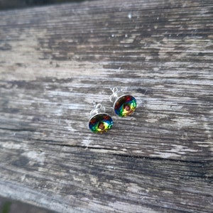 Green Swarovski posts, Vitrail Medium studs, round rainbow earrings,  small everyday earrings, silver jewelry made in uk