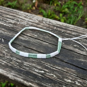 Miyuki Tila stackable elastic bracelet, white and green, stretch cord bracelet, uk handmade, mint green japanese glass beads