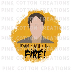 Puede incluir: Un fondo de acuarela amarillo con una ilustración de dibujos animados de un hombre con gafas y el texto "Ryan, started the fire!" en negro.