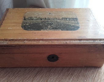 Antique Vintage Mauchline Ware Style Treen Wooden Hinged Souvenir Box depicting The Jetty in Yarmouth England but Made in Germany Stamped