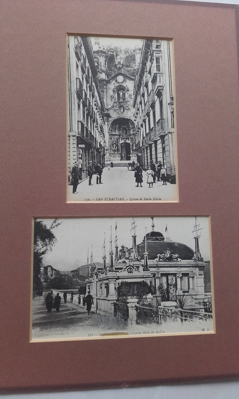 Black and White 150 Iglsia de Santa Maria and 15a Caseta Real de Banos Two Antique Mounted Photographic Postcards of San Sebastian